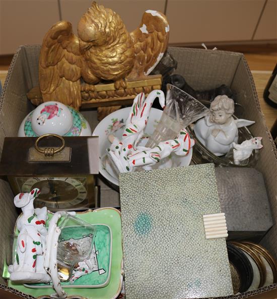 A shagreen cigarette box, an electric clock and miscellaneous items